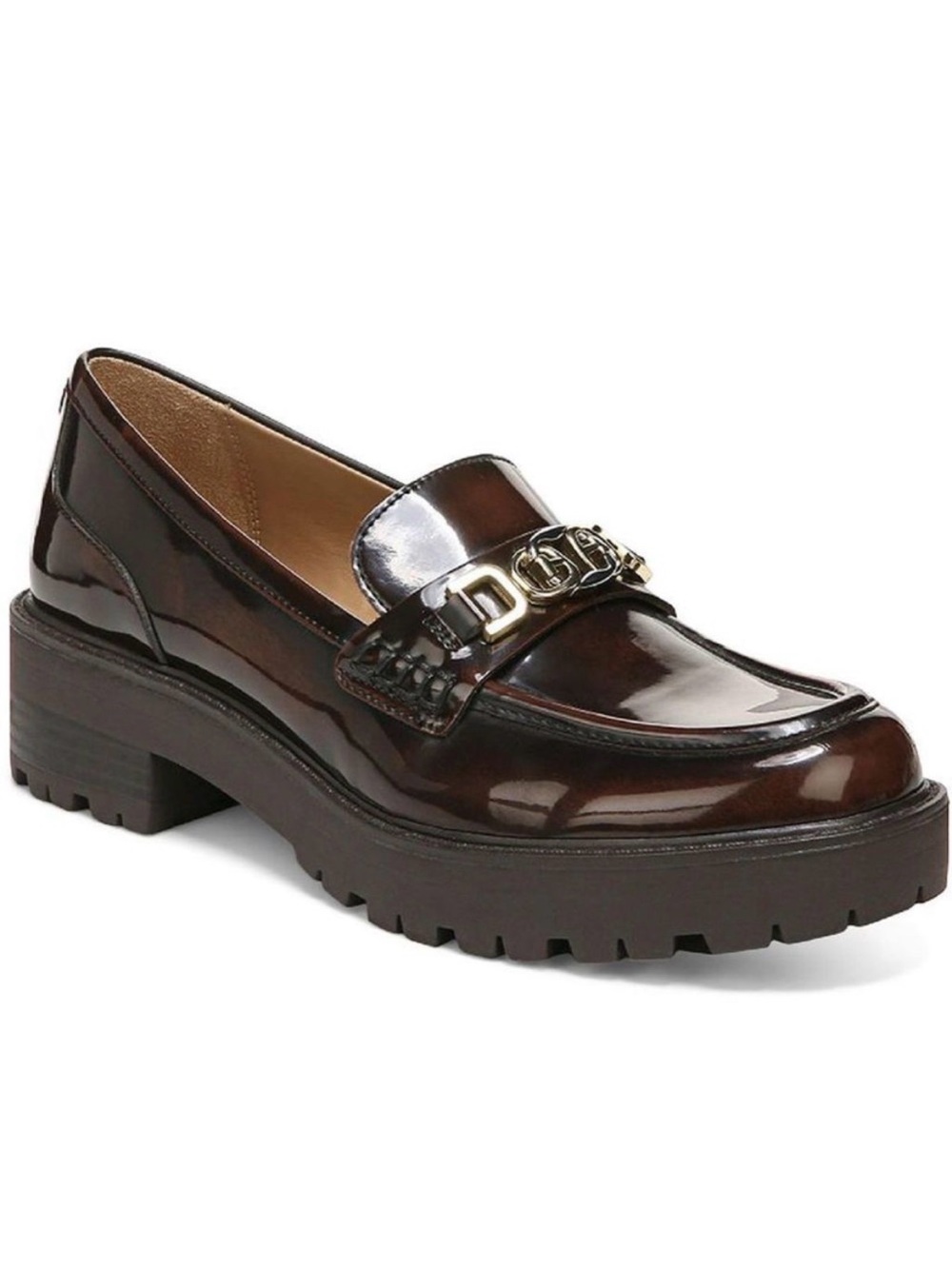 Sam Edelman Burgundy/Oxblood Patent Lug Sole Loafer with Gold Chain